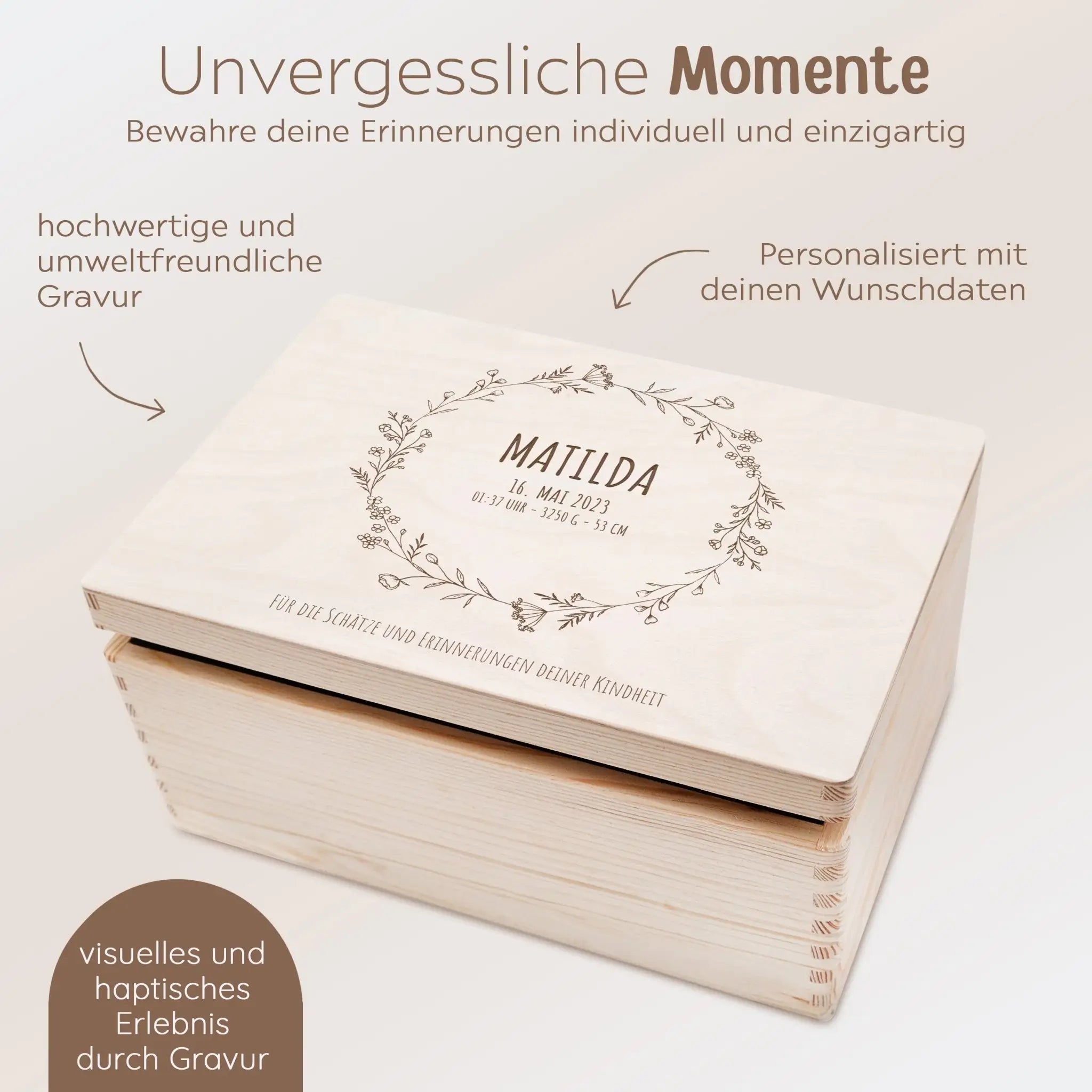 Erinnerungsbox Holz "Kindheitserinnerungen" mit Wunschdaten – Blumenkranz - wunderwunsch