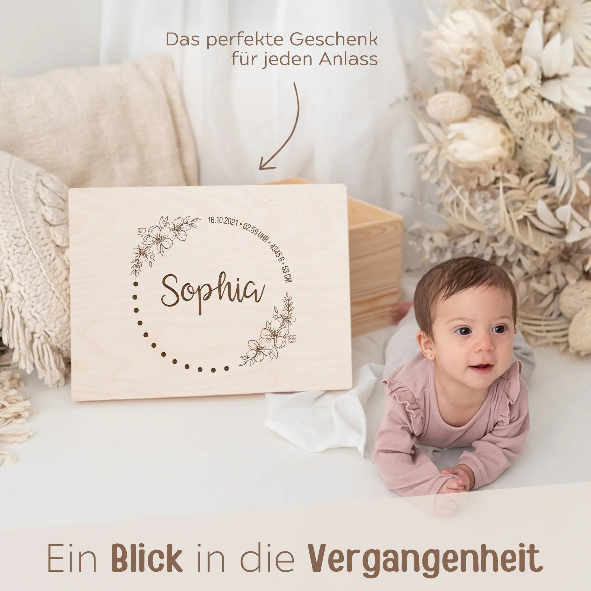 Erinnerungsbox Holz mit Wunschdaten – Blumenkreis - wunderwunsch