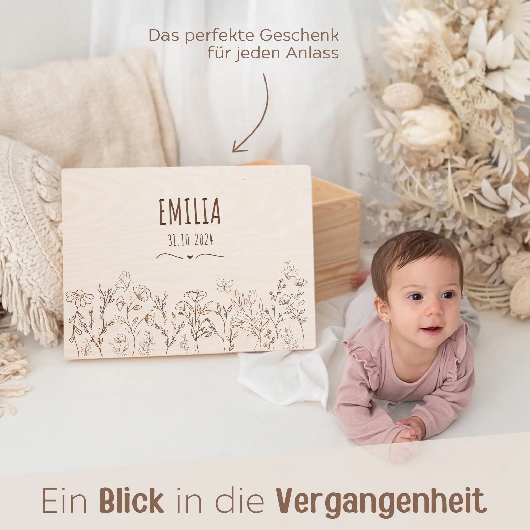 Erinnerungsbox Holz mit Wunschdaten – Blumenwiese - wunderwunsch