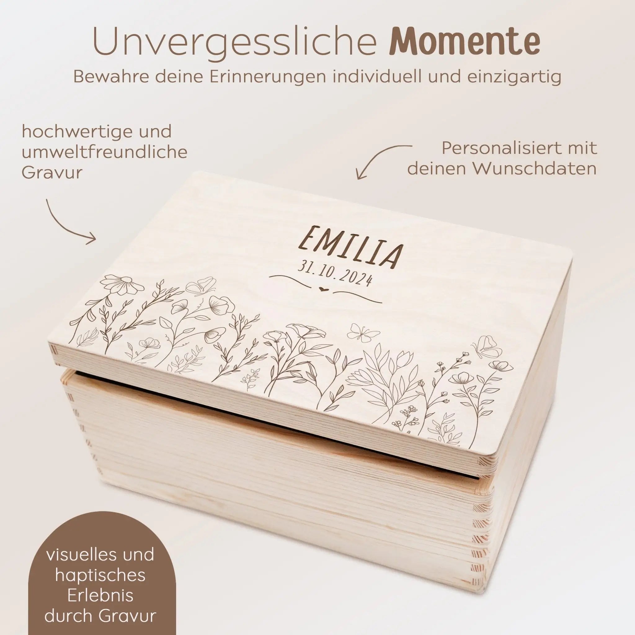 Erinnerungsbox Holz mit Wunschdaten – Blumenwiese - wunderwunsch