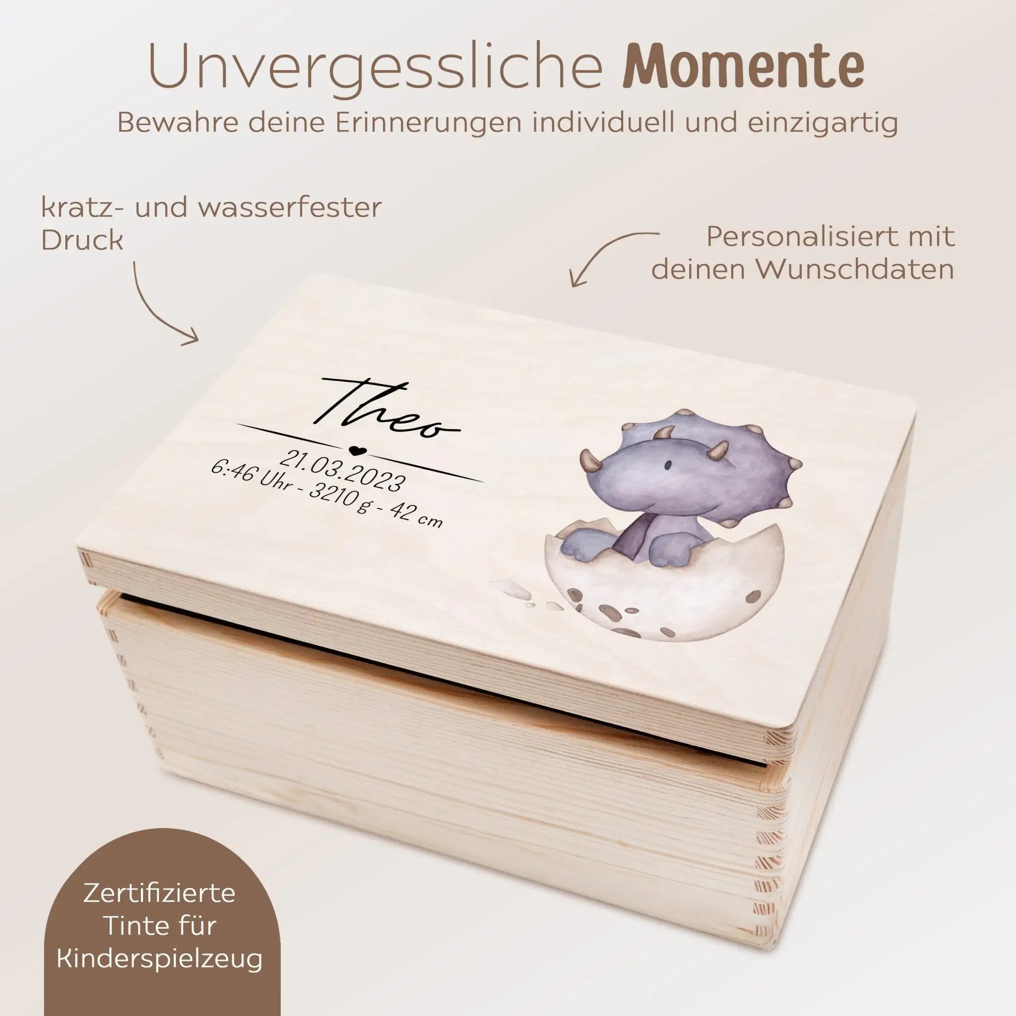 Erinnerungsbox Holz mit Wunschdaten – Dinosaurier Aquarell - wunderwunsch