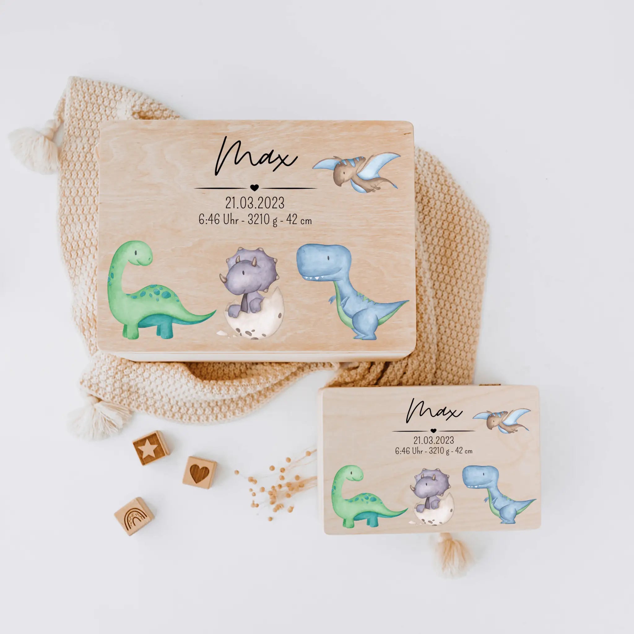 Erinnerungsbox Holz mit Wunschdaten – Dinosaurier Aquarell - wunderwunsch