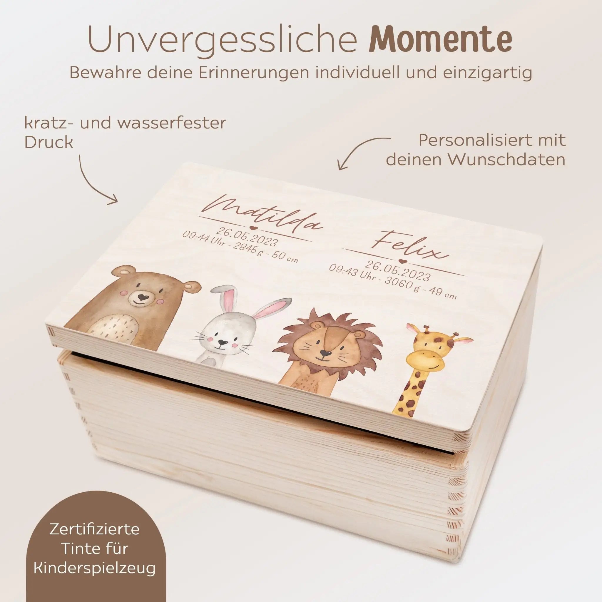 Erinnerungsbox Holz mit Wunschdaten Geschwister – Tiere unten Aquarell - wunderwunsch