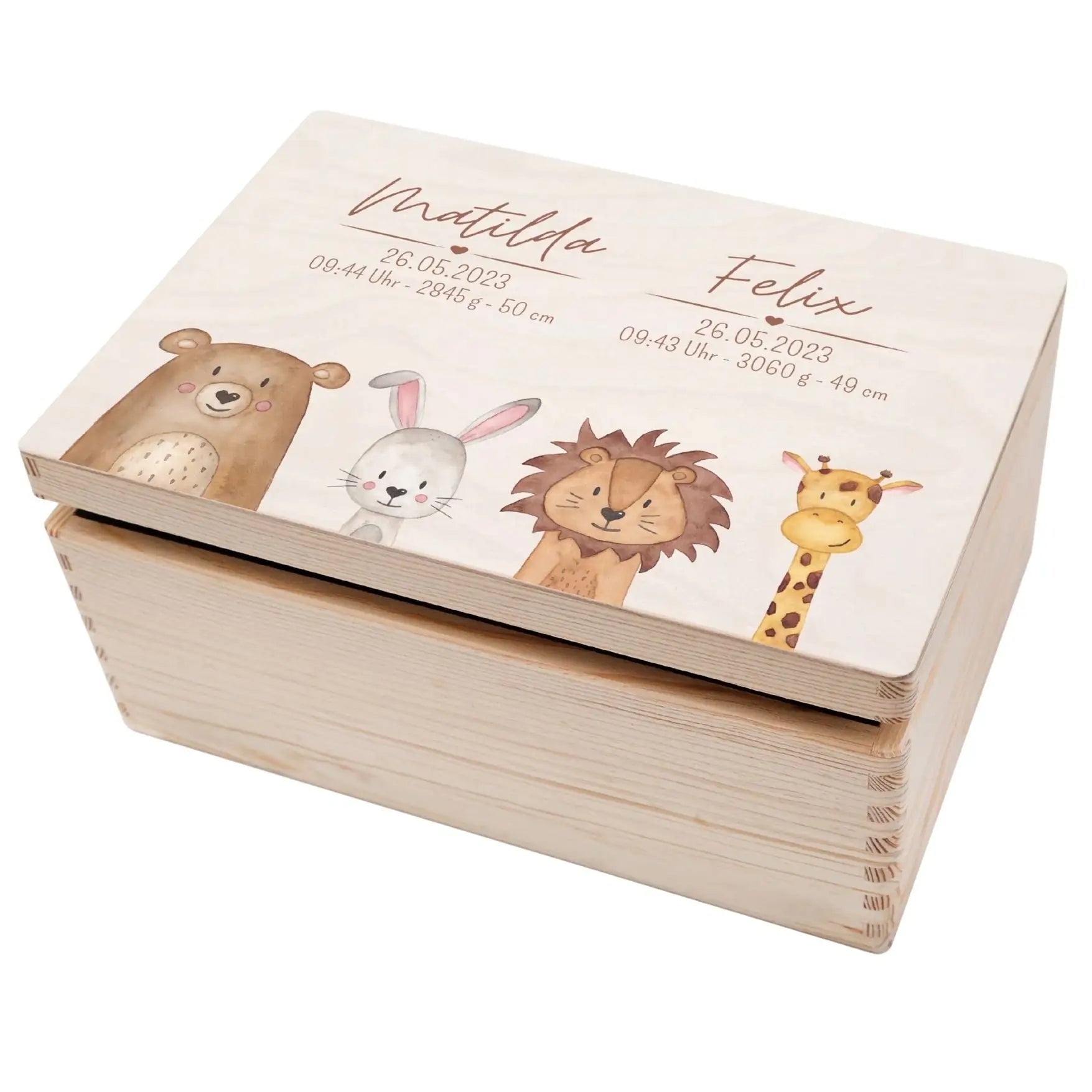 Erinnerungsbox Holz mit Wunschdaten Geschwister – Tiere unten Aquarell - wunderwunsch