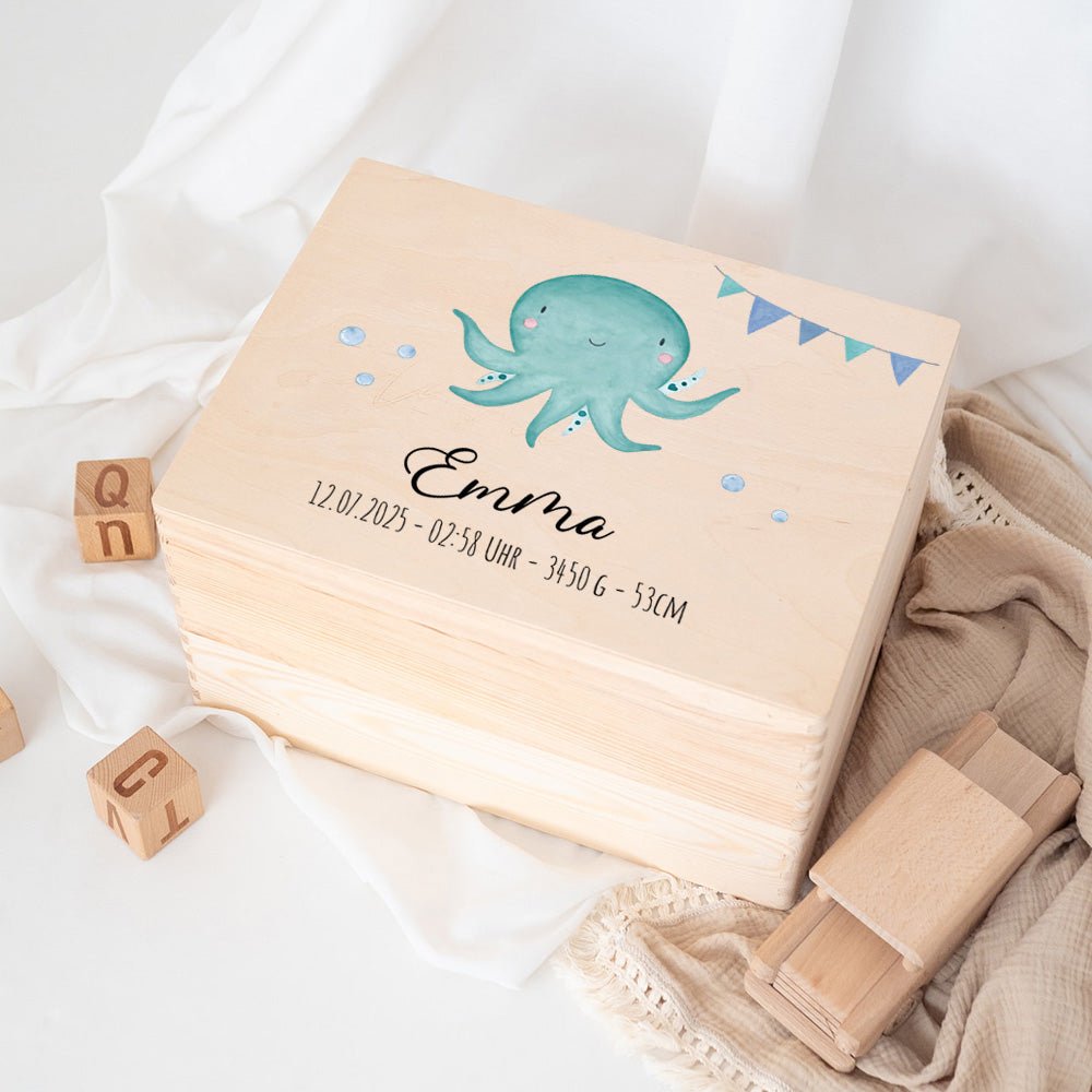 Erinnerungsbox Holz mit Wunschdaten – Meerestier Girlande Aquarell - wunderwunsch