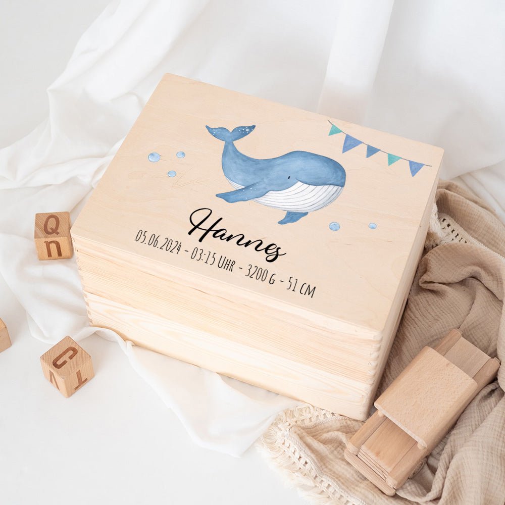 Erinnerungsbox Holz mit Wunschdaten – Meerestier Girlande Aquarell - wunderwunsch