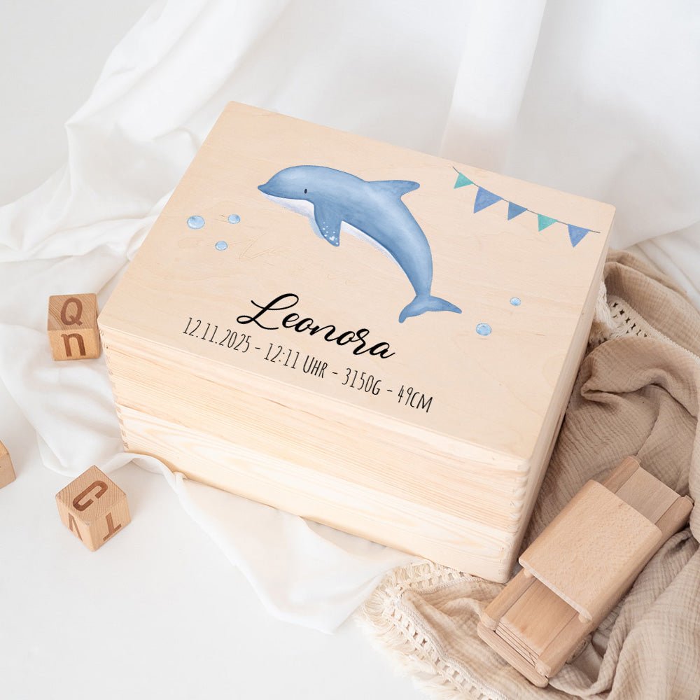 Erinnerungsbox Holz mit Wunschdaten – Meerestier Girlande Aquarell - wunderwunsch