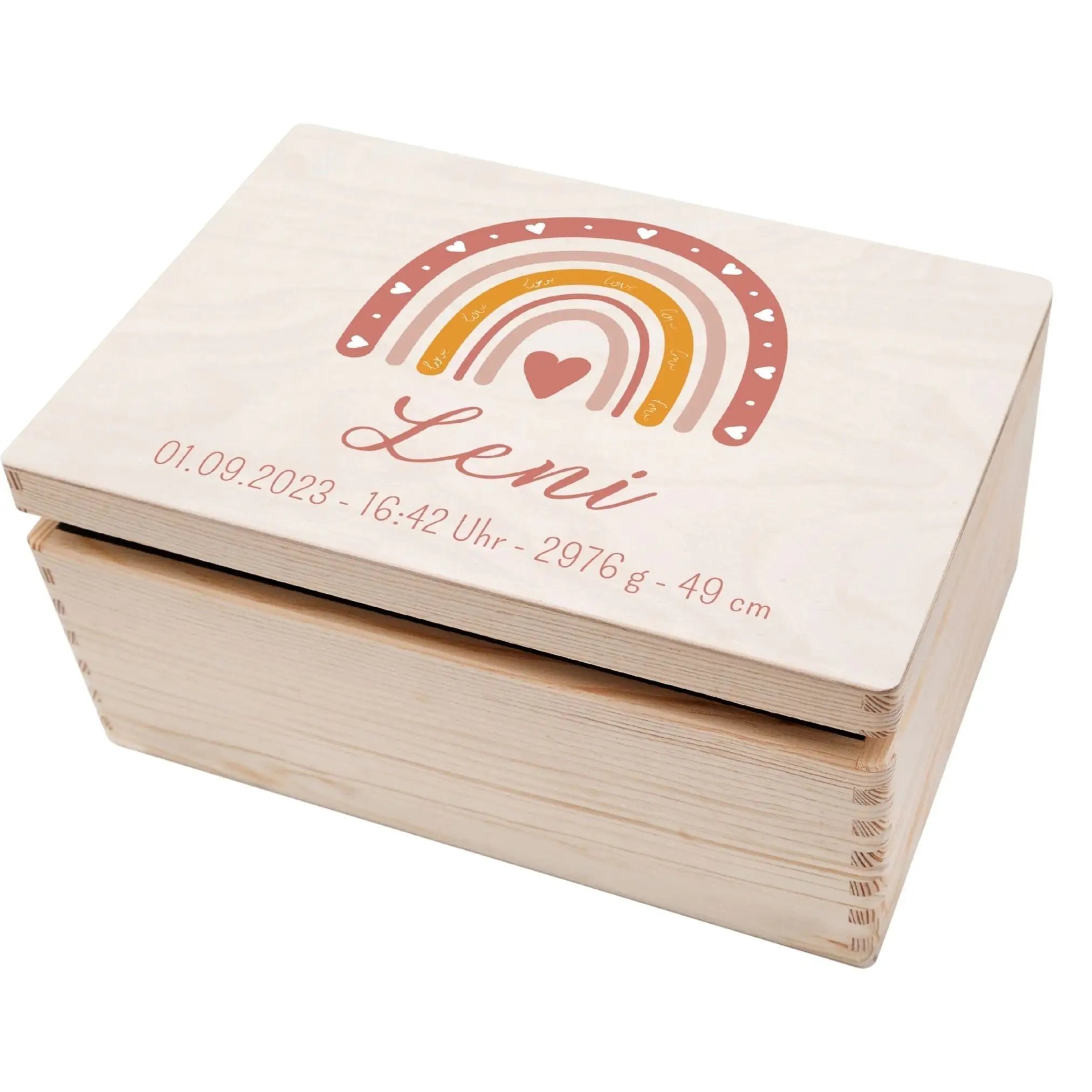 Erinnerungsbox Holz mit Wunschdaten – Regenbogen Boho rosa Aquarell - wunderwunsch