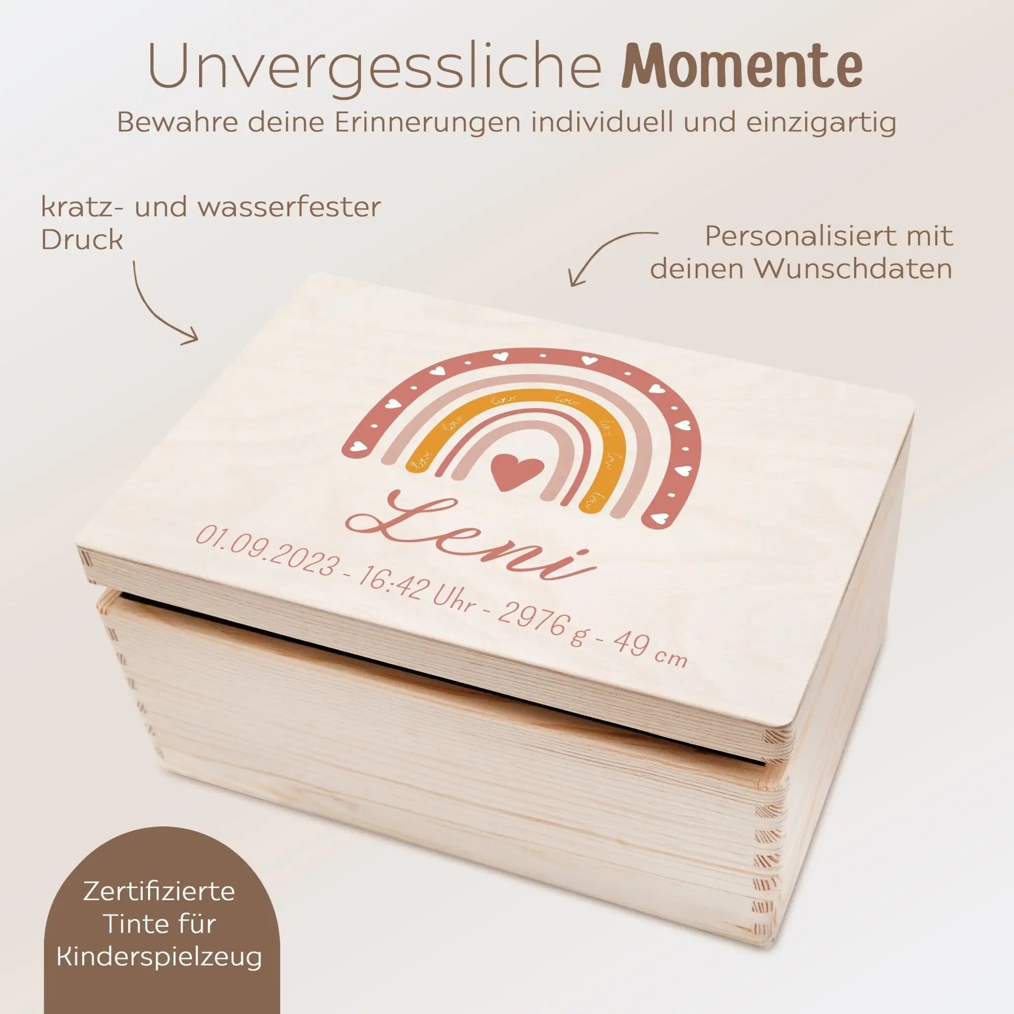 Erinnerungsbox Holz mit Wunschdaten – Regenbogen Boho rosa Aquarell - wunderwunsch