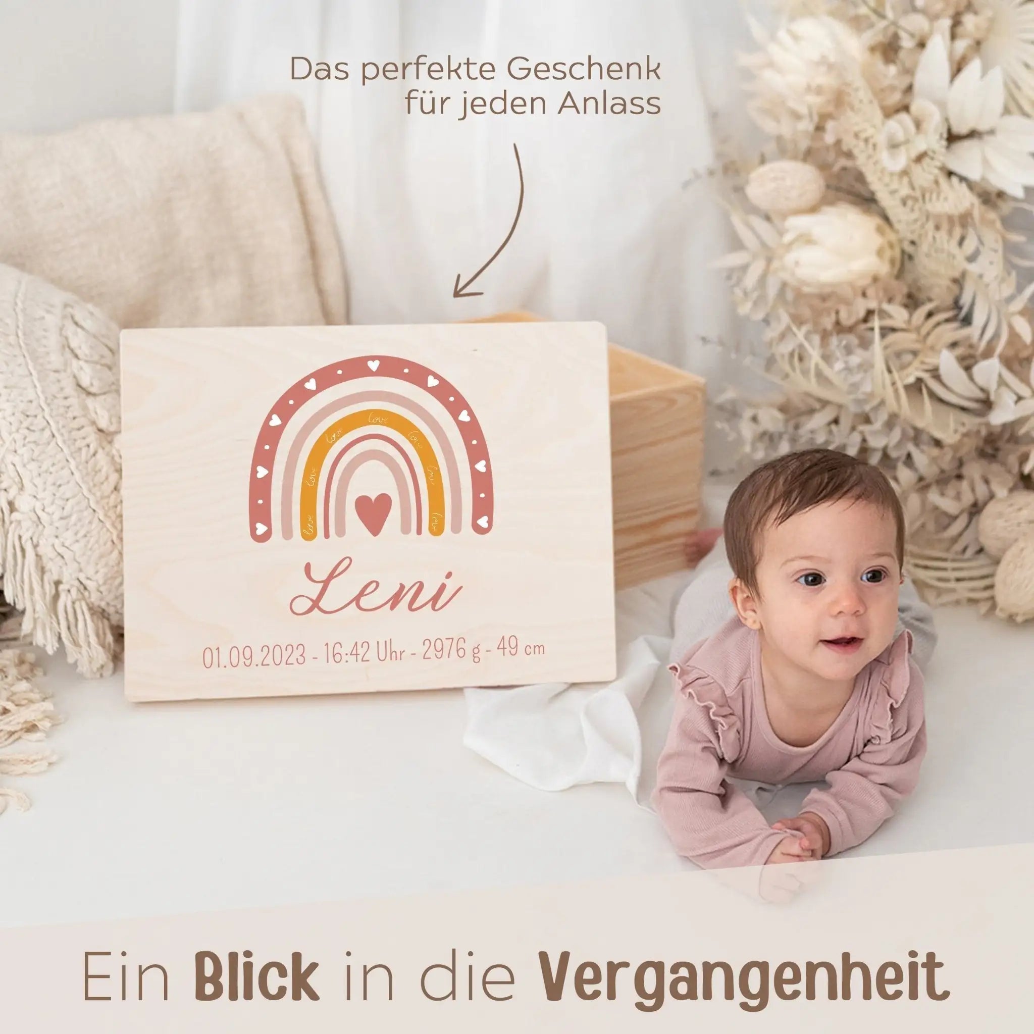 Erinnerungsbox Holz mit Wunschdaten – Regenbogen Boho rosa Aquarell - wunderwunsch