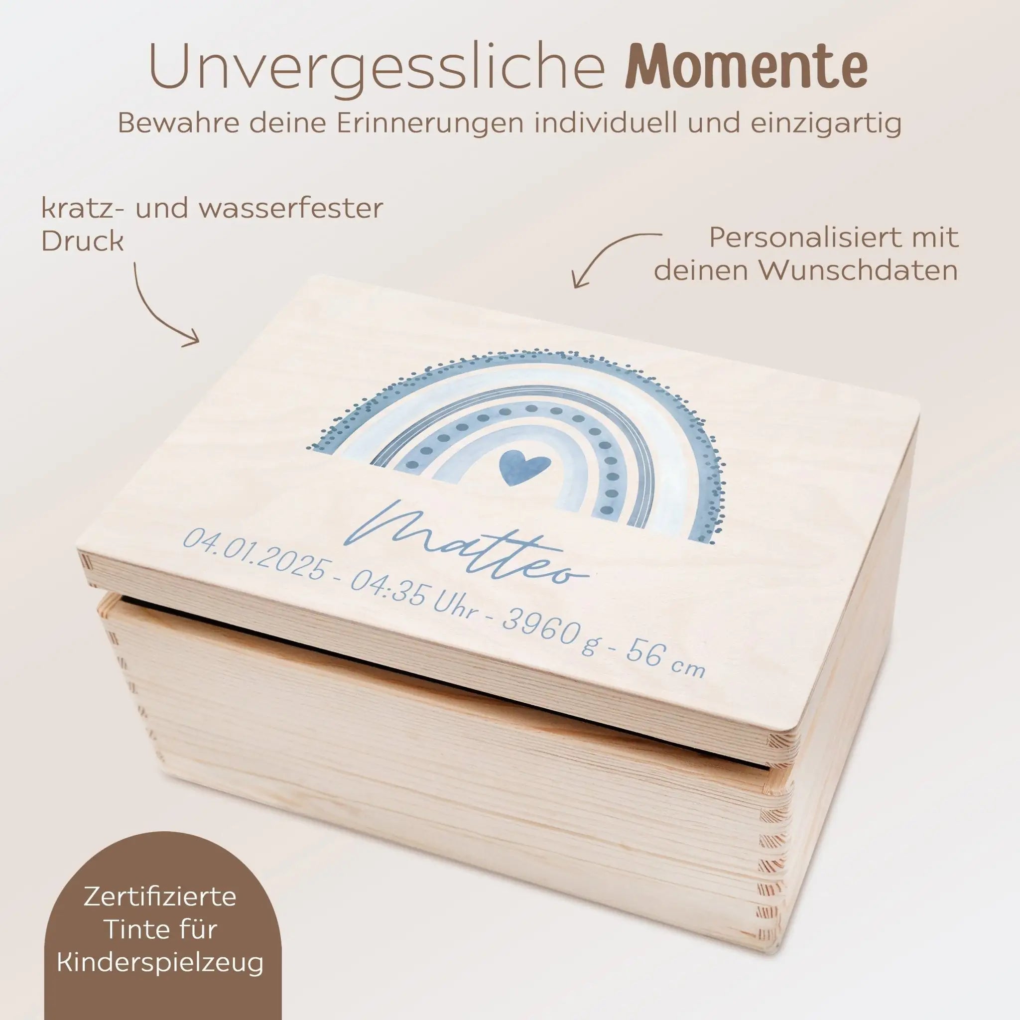Erinnerungsbox Holz mit Wunschdaten – Regenbogen Punkte Aquarell - wunderwunsch