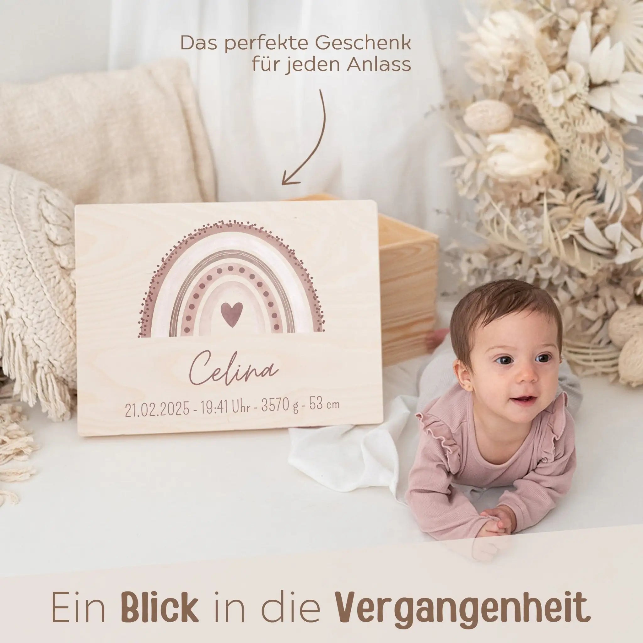 Erinnerungsbox Holz mit Wunschdaten – Regenbogen Punkte Aquarell - wunderwunsch
