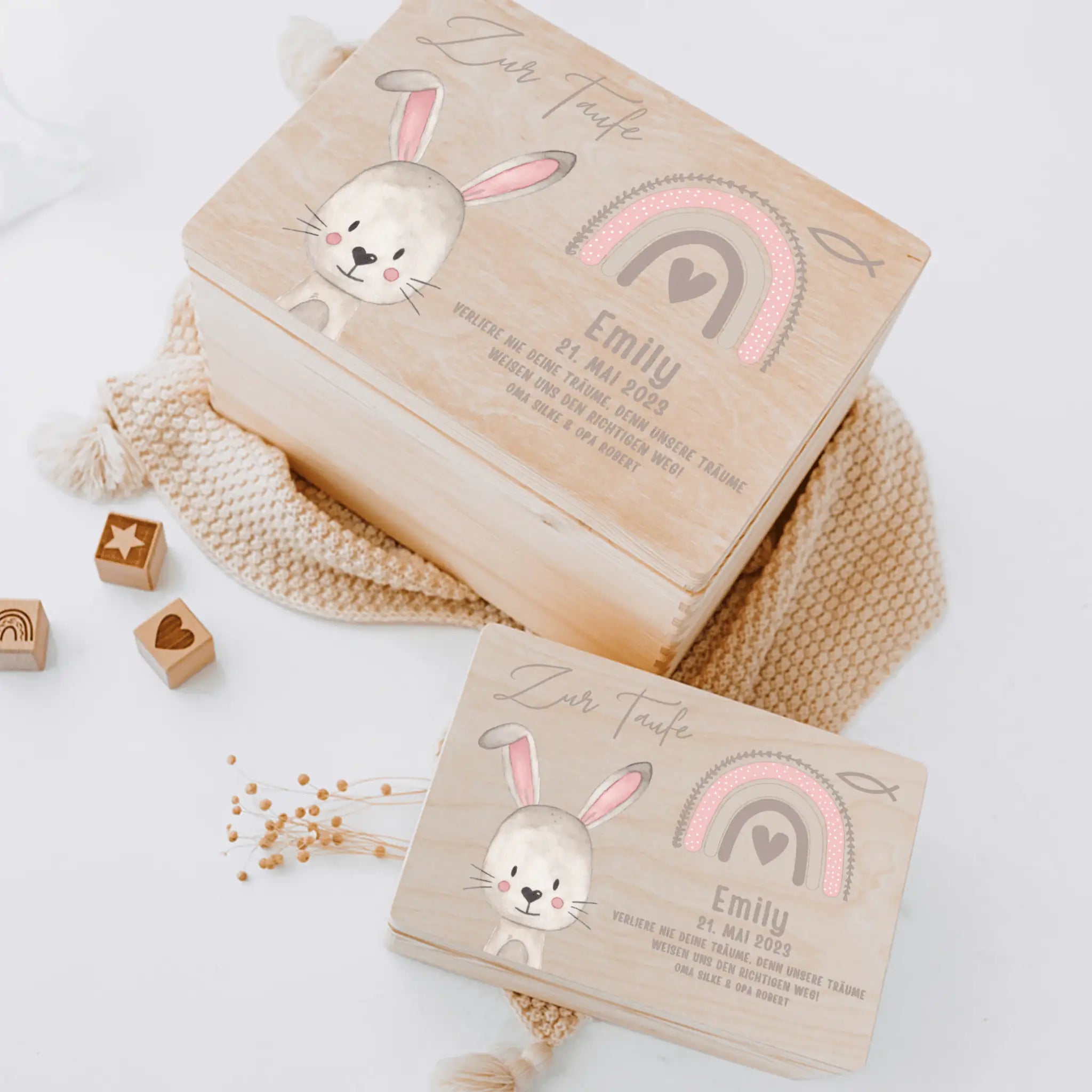 Erinnerungsbox Holz mit Wunschdaten – Taufe Tier Aquarell - wunderwunsch