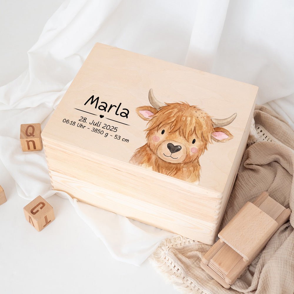 Erinnerungsbox Holz mit Wunschdaten – Tier Aquarell (Druckschrift) - wunderwunsch