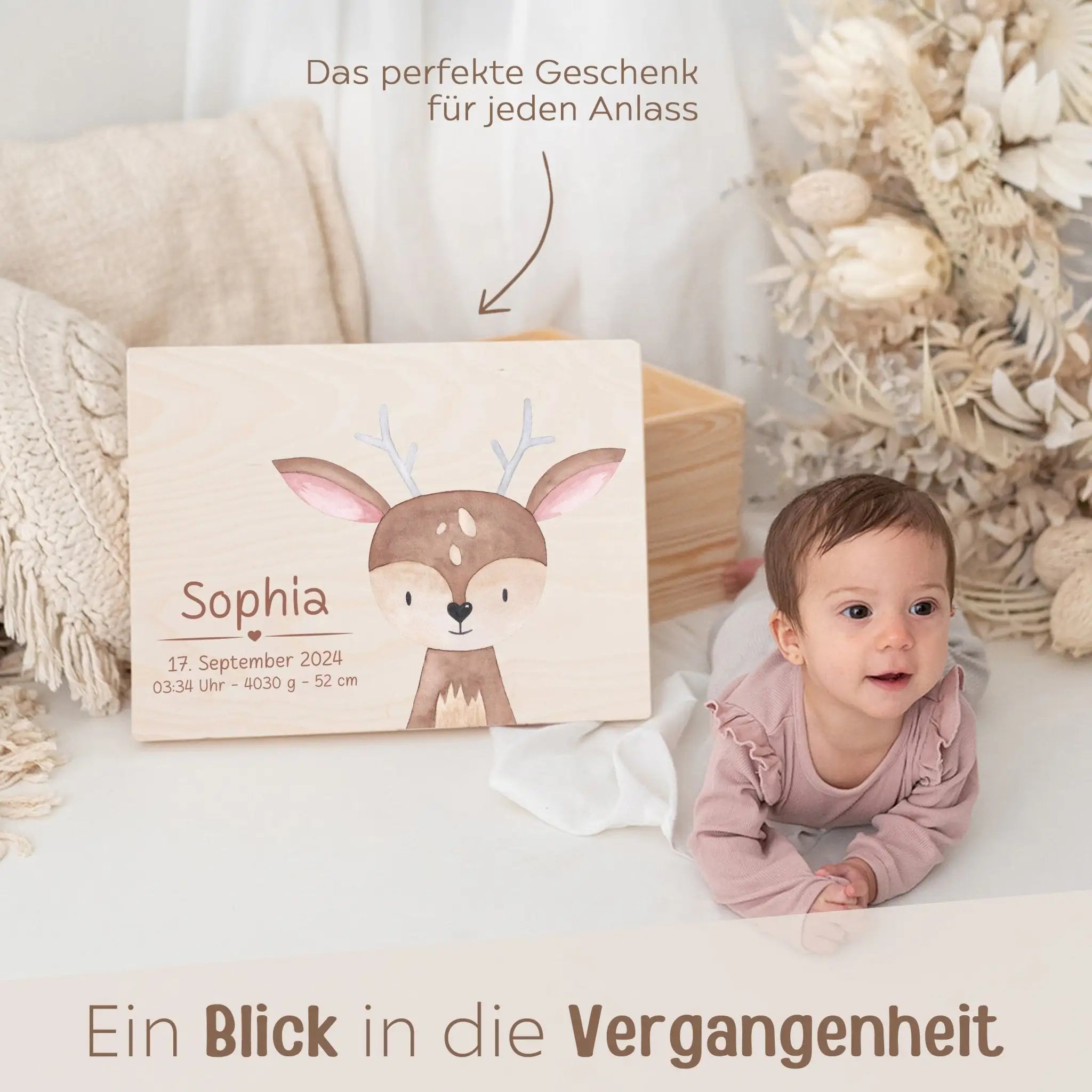 Erinnerungsbox Holz mit Wunschdaten – Tier Aquarell (Druckschrift) - wunderwunsch