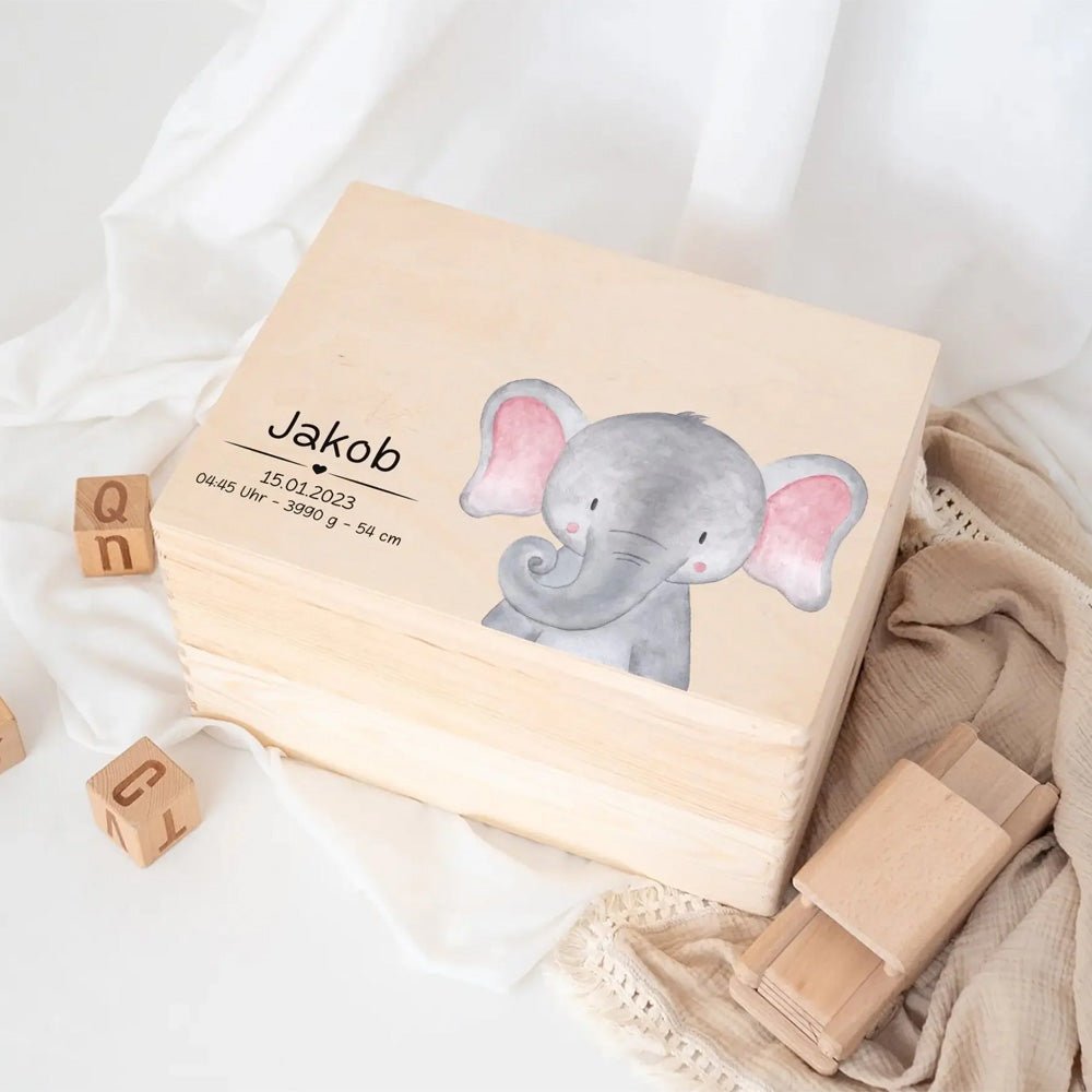 Erinnerungsbox Holz mit Wunschdaten – Tier Aquarell (Druckschrift) - wunderwunsch