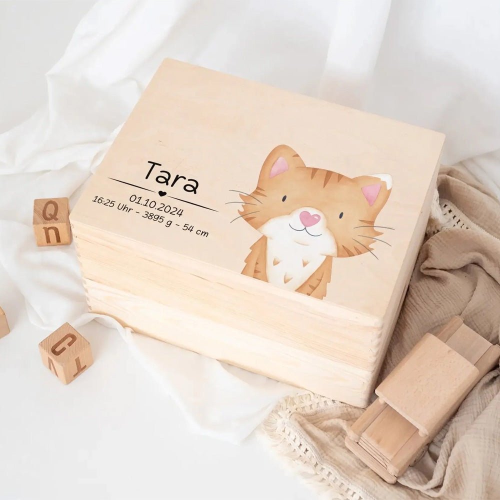 Erinnerungsbox Holz mit Wunschdaten – Tier Aquarell (Druckschrift) - wunderwunsch