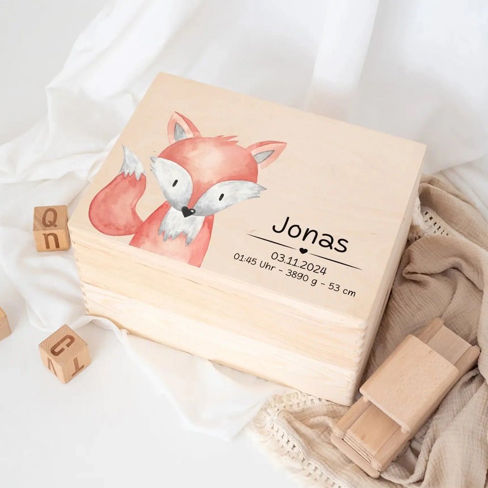 Erinnerungsbox Holz mit Wunschdaten – Tier Aquarell (Druckschrift) - wunderwunsch