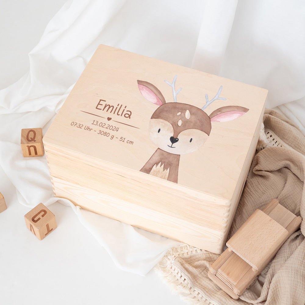 Erinnerungsbox Holz mit Wunschdaten – Tier Aquarell (Druckschrift) - wunderwunsch