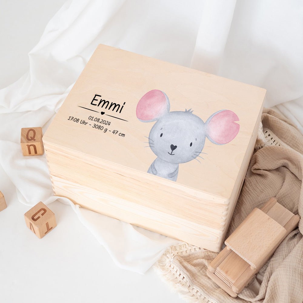 Erinnerungsbox Holz mit Wunschdaten – Tier Aquarell (Druckschrift) - wunderwunsch