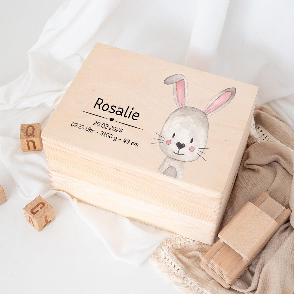 Erinnerungsbox Holz mit Wunschdaten – Tier Aquarell (Druckschrift) - wunderwunsch