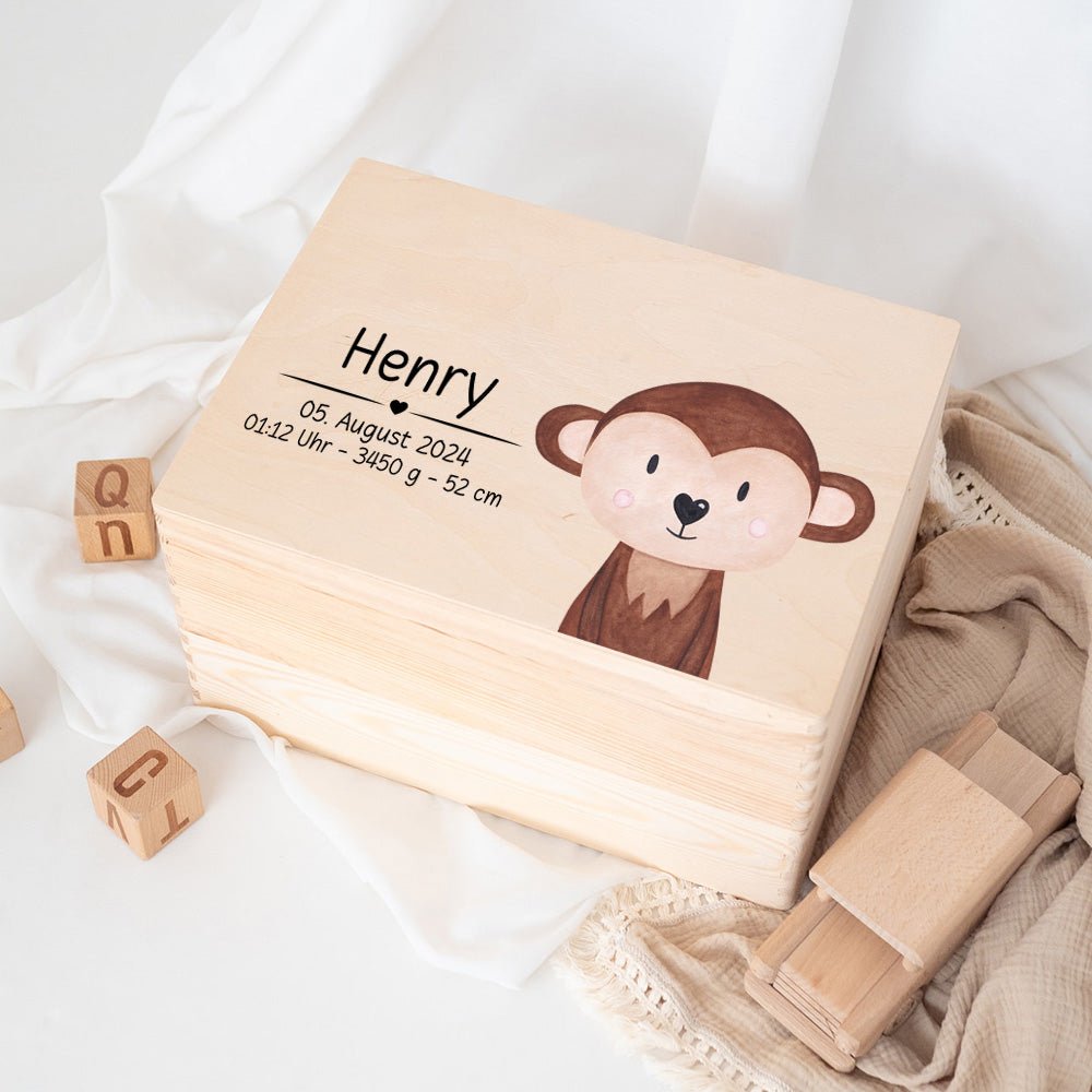 Erinnerungsbox Holz mit Wunschdaten – Tier Aquarell (Druckschrift) - wunderwunsch