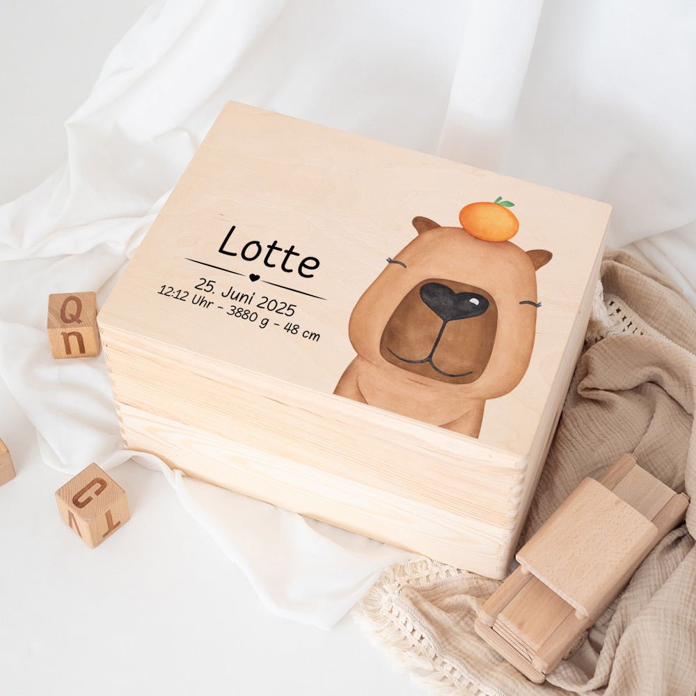 Erinnerungsbox Holz mit Wunschdaten – Tier Aquarell (Druckschrift) - wunderwunsch