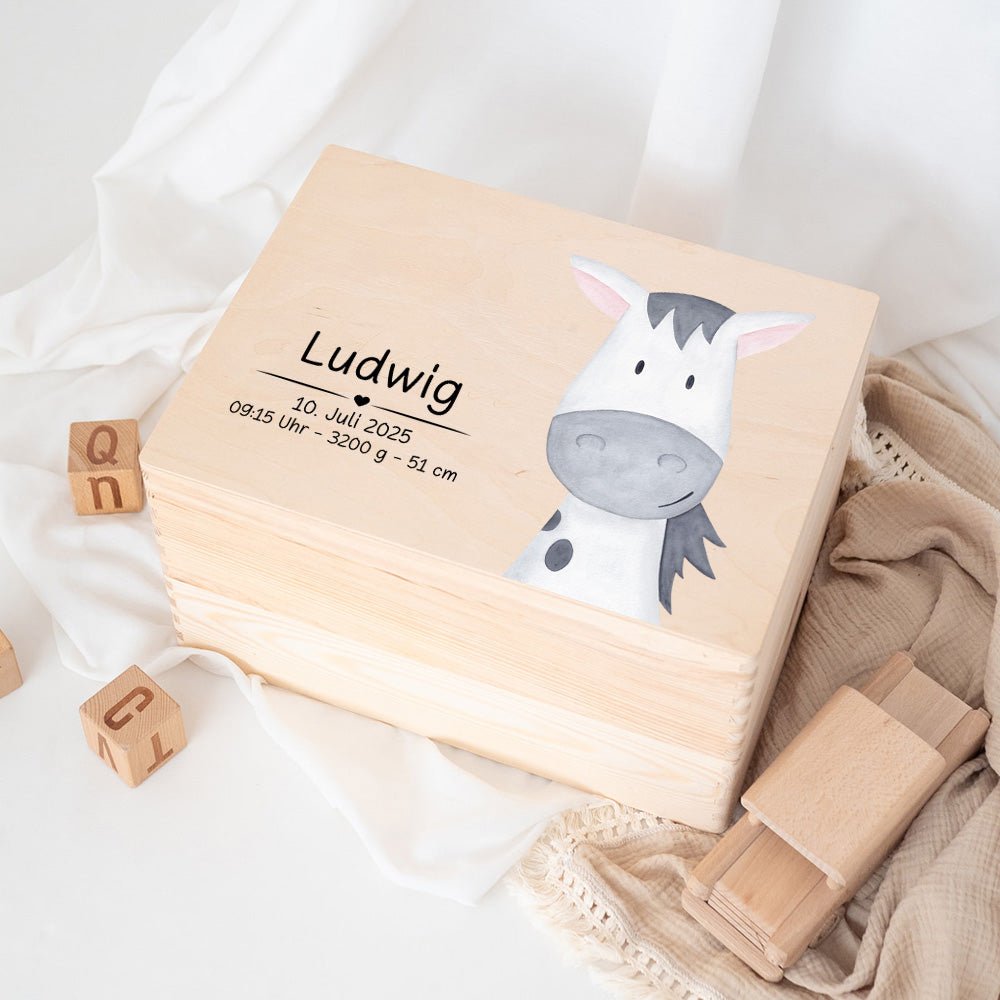 Erinnerungsbox Holz mit Wunschdaten – Tier Aquarell (Druckschrift) - wunderwunsch