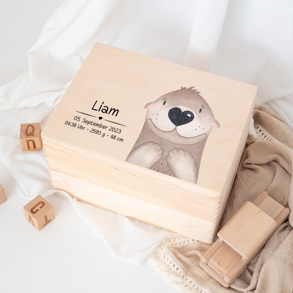 Erinnerungsbox Holz mit Wunschdaten – Tier Aquarell (Druckschrift) - wunderwunsch