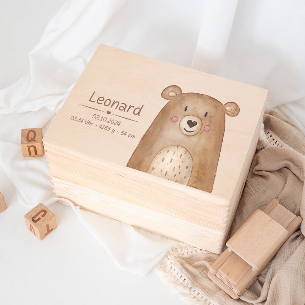 Erinnerungsbox Holz mit Wunschdaten – Tier Aquarell (Druckschrift) - wunderwunsch