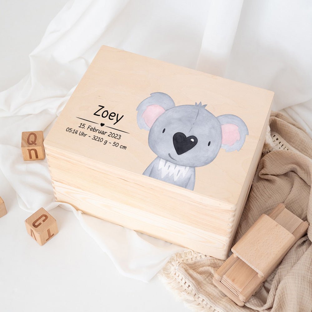 Erinnerungsbox Holz mit Wunschdaten – Tier Aquarell (Druckschrift) - wunderwunsch