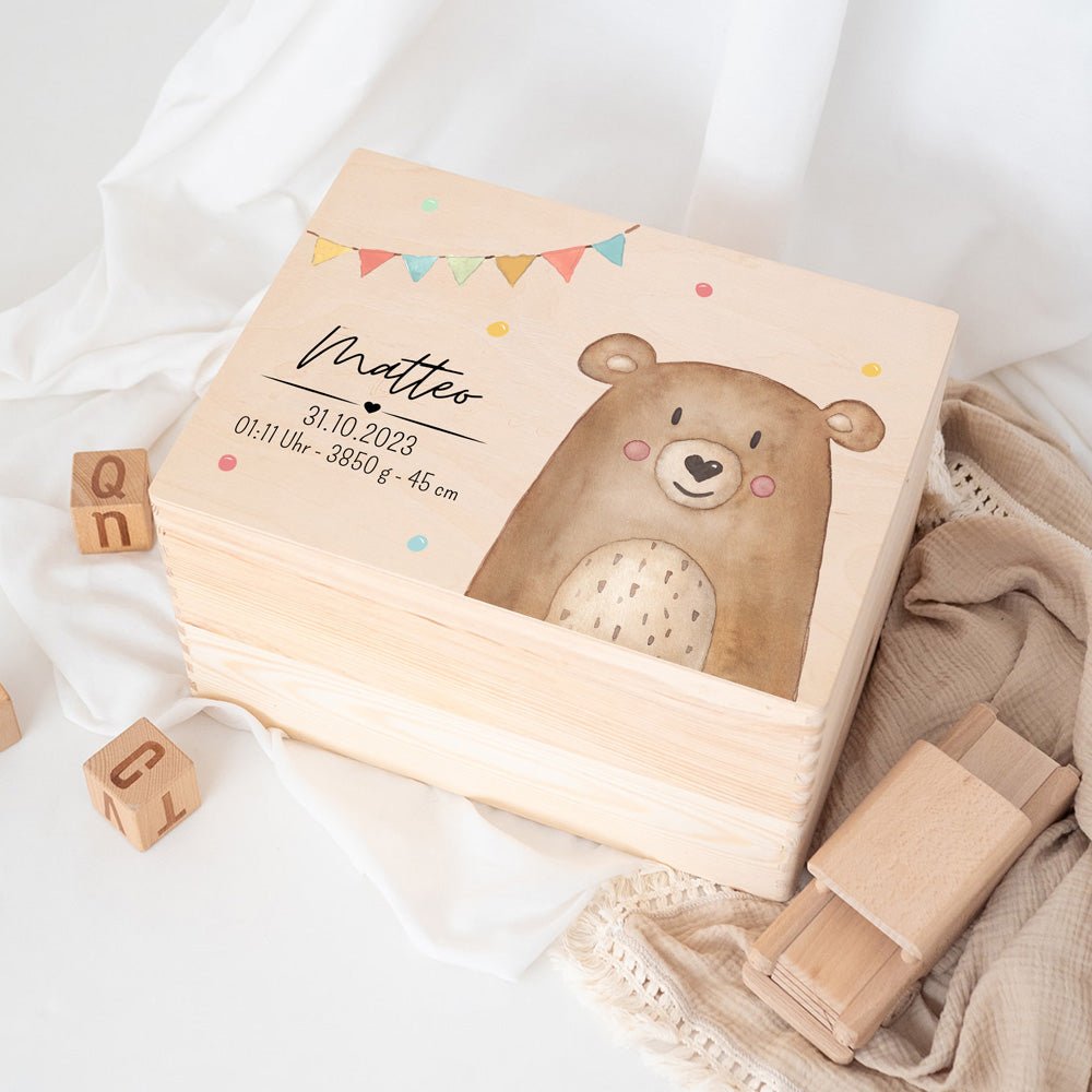 Erinnerungsbox Holz mit Wunschdaten – Tier Girlande Aquarell - wunderwunsch