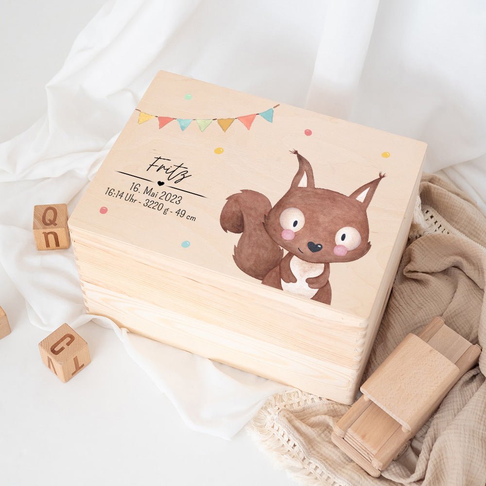 Erinnerungsbox Holz mit Wunschdaten – Tier Girlande Aquarell - wunderwunsch
