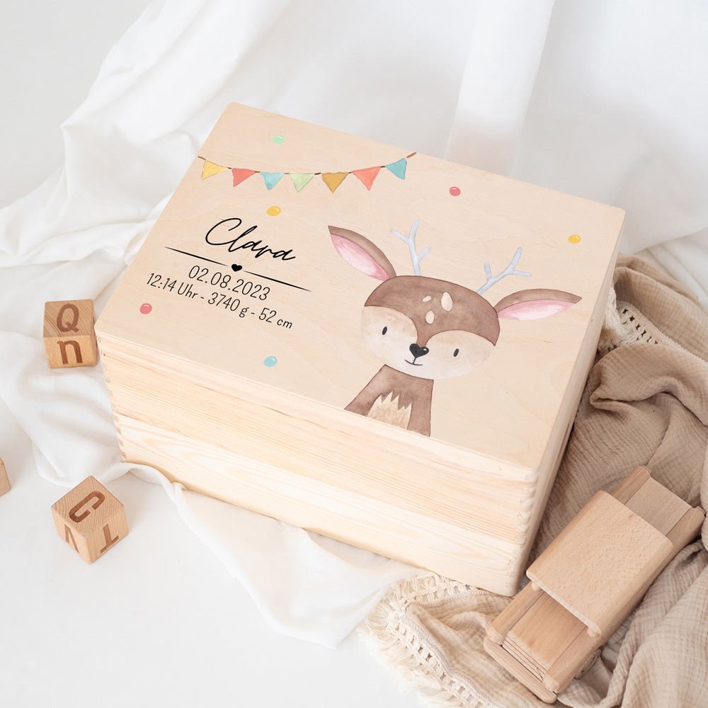 Erinnerungsbox Holz mit Wunschdaten – Tier Girlande Aquarell - wunderwunsch