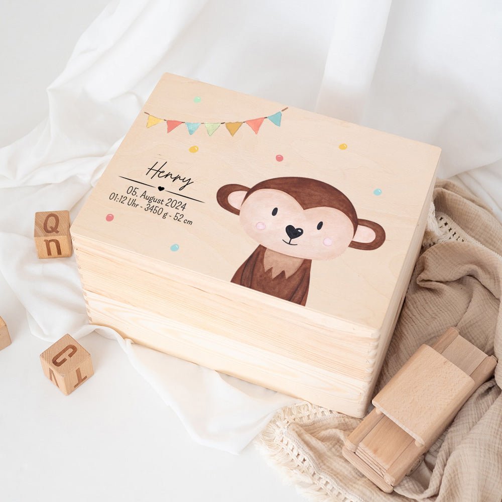 Erinnerungsbox Holz mit Wunschdaten – Tier Girlande Aquarell - wunderwunsch