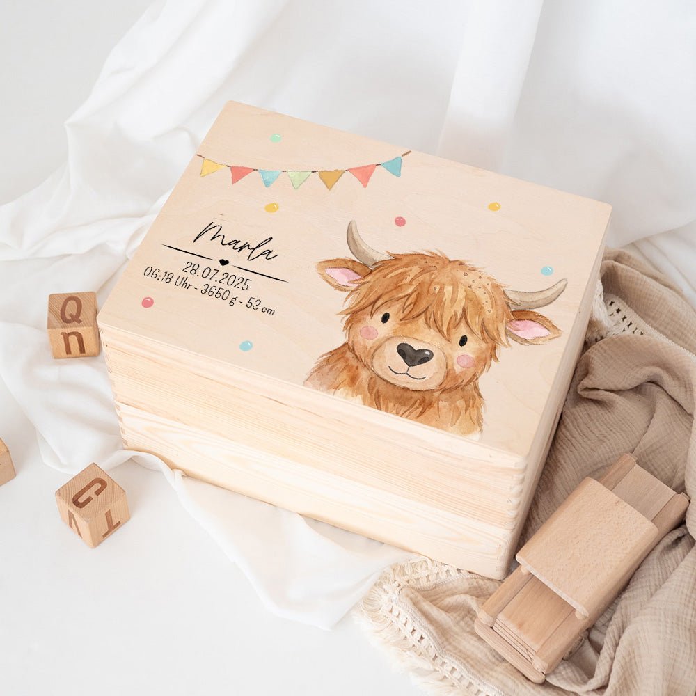Erinnerungsbox Holz mit Wunschdaten – Tier Girlande Aquarell - wunderwunsch