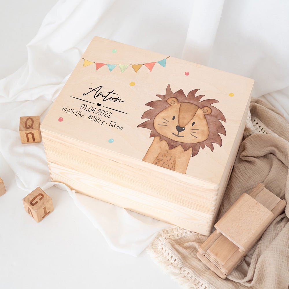 Erinnerungsbox Holz mit Wunschdaten – Tier Girlande Aquarell - wunderwunsch