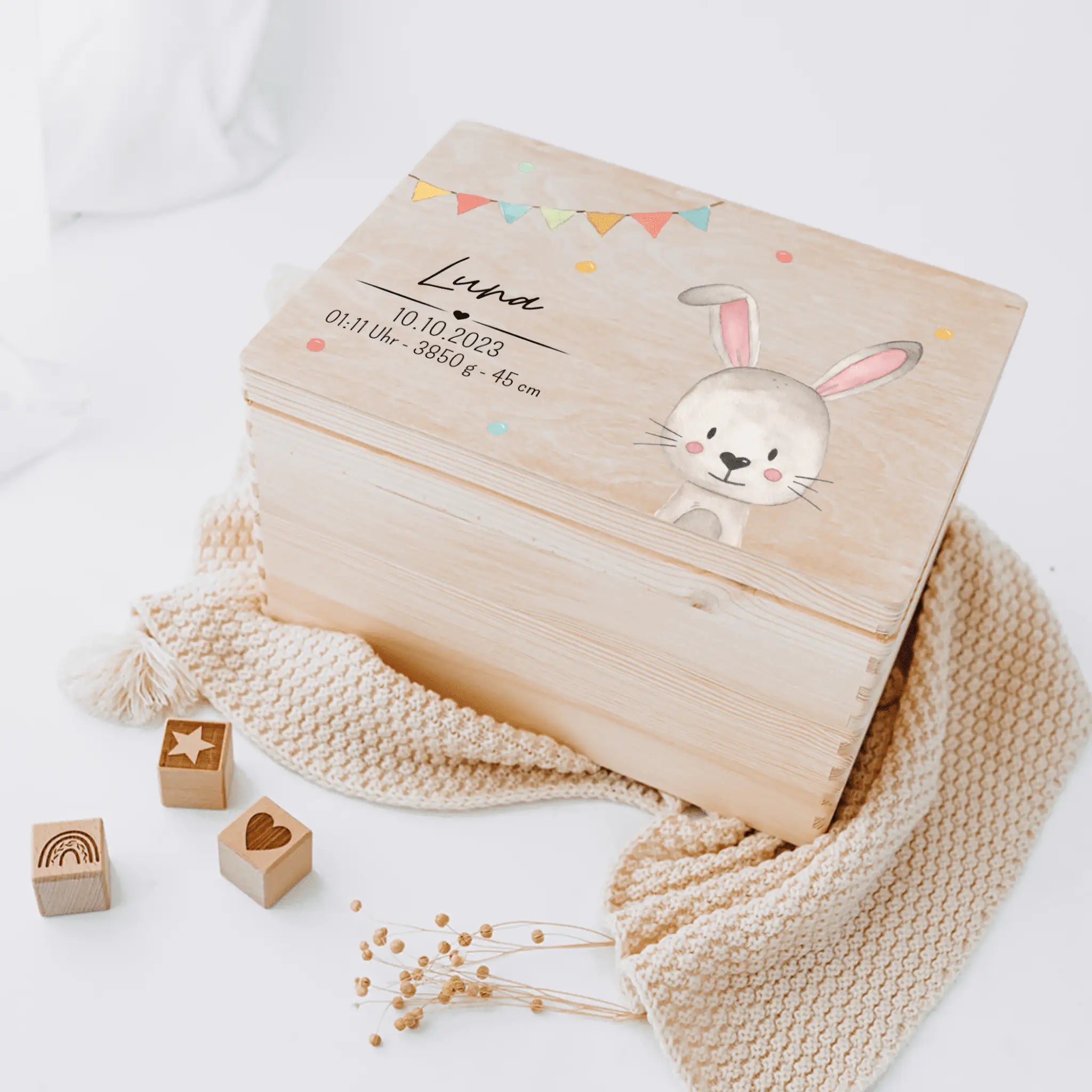 Erinnerungsbox Holz mit Wunschdaten – Tier Girlande Aquarell - wunderwunsch
