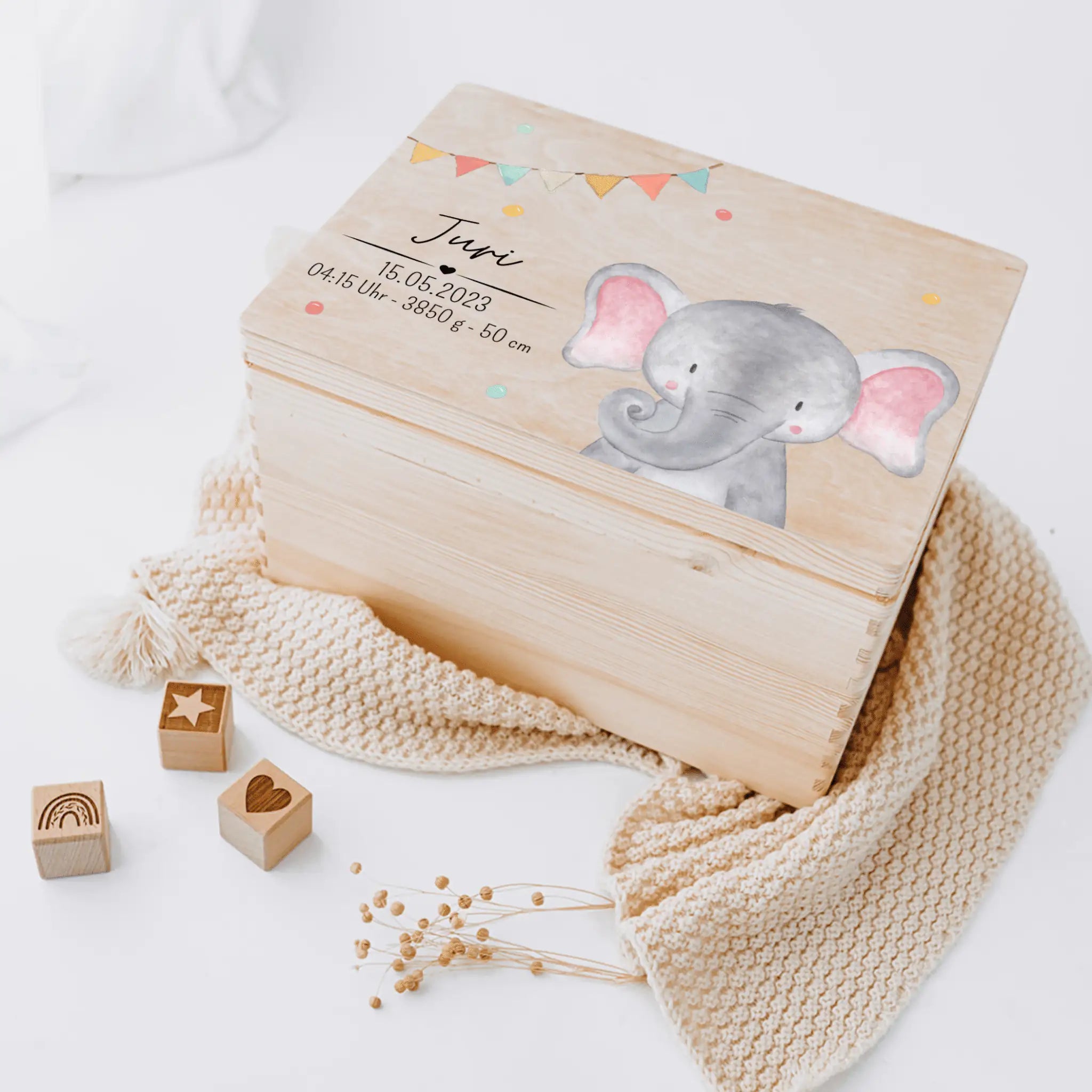 Erinnerungsbox Holz mit Wunschdaten – Tier Girlande Aquarell - wunderwunsch