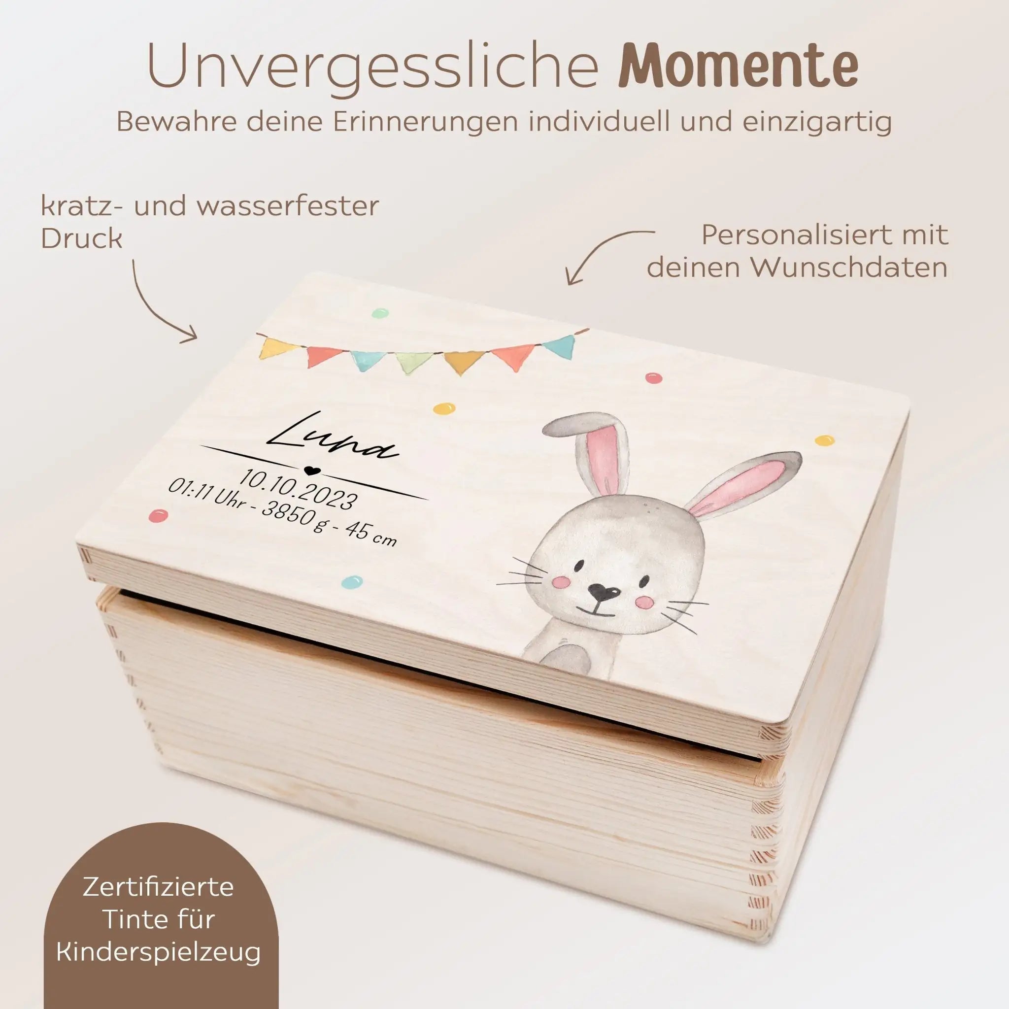 Erinnerungsbox Holz mit Wunschdaten – Tier Girlande Aquarell - wunderwunsch