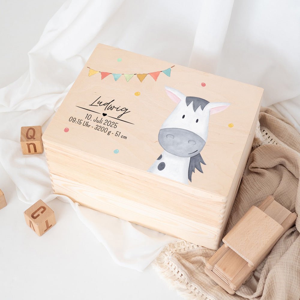 Erinnerungsbox Holz mit Wunschdaten – Tier Girlande Aquarell - wunderwunsch