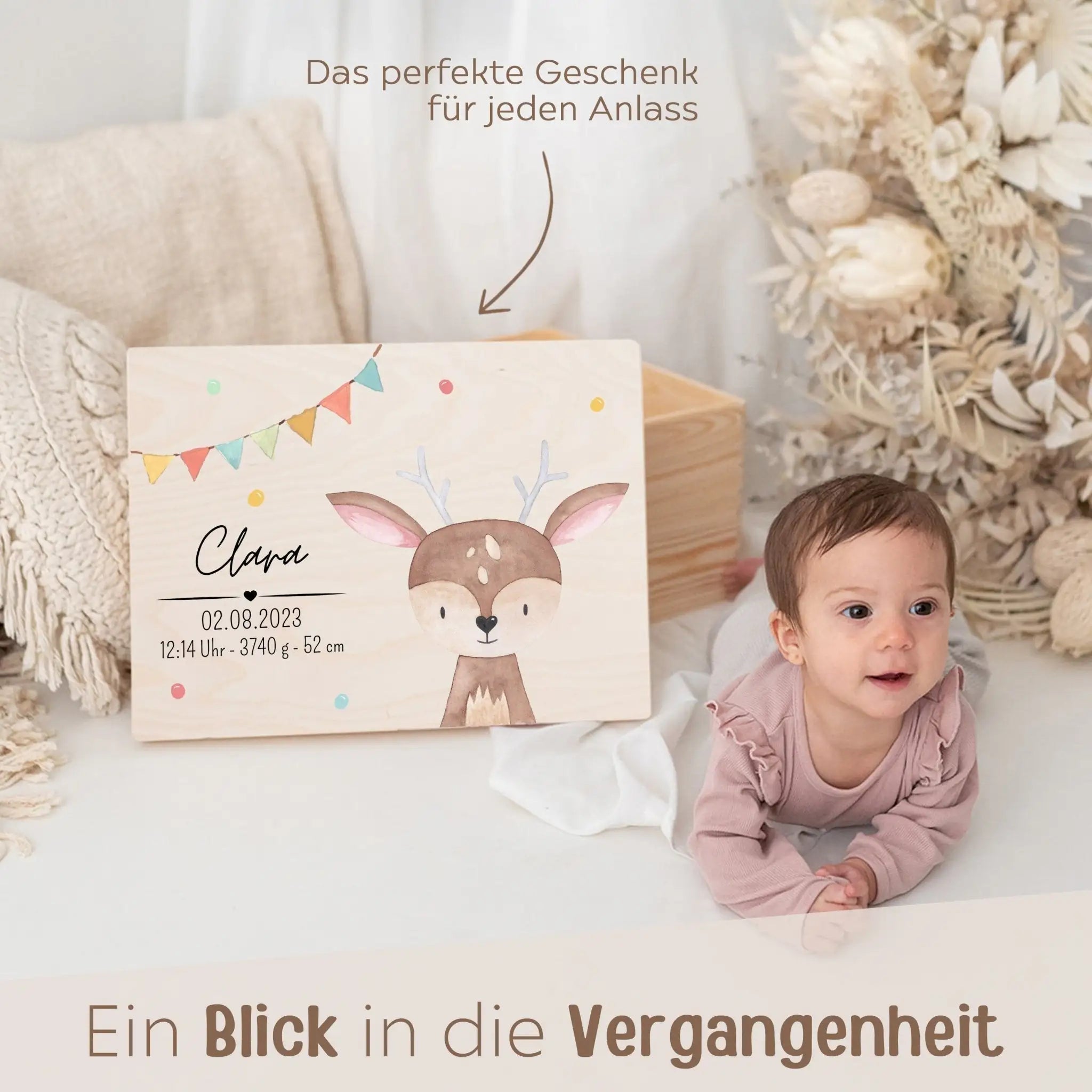 Erinnerungsbox Holz mit Wunschdaten – Tier Girlande Aquarell - wunderwunsch