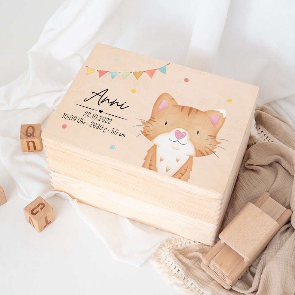 Erinnerungsbox Holz mit Wunschdaten – Tier Girlande Aquarell - wunderwunsch