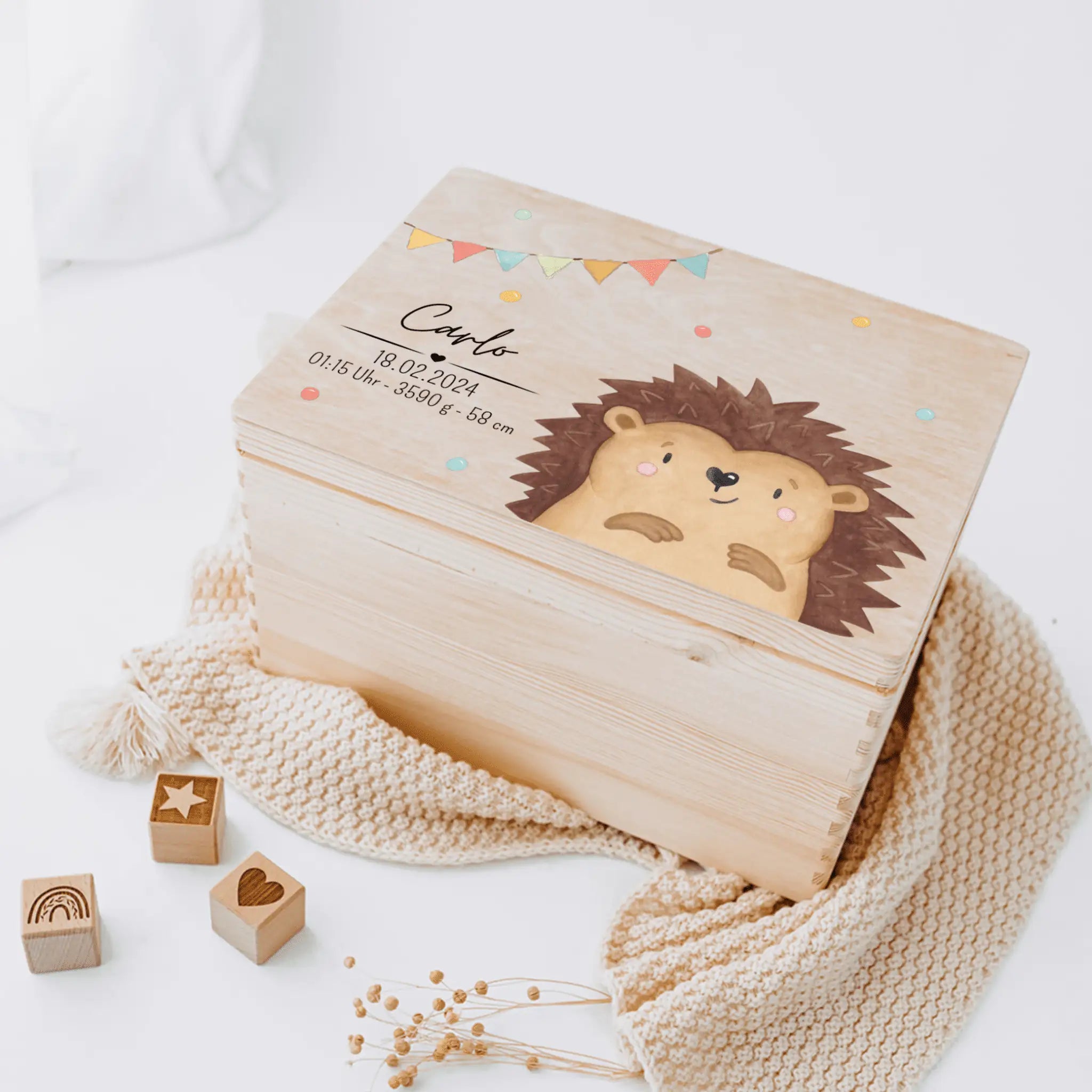 Erinnerungsbox Holz mit Wunschdaten – Tier Girlande Aquarell - wunderwunsch