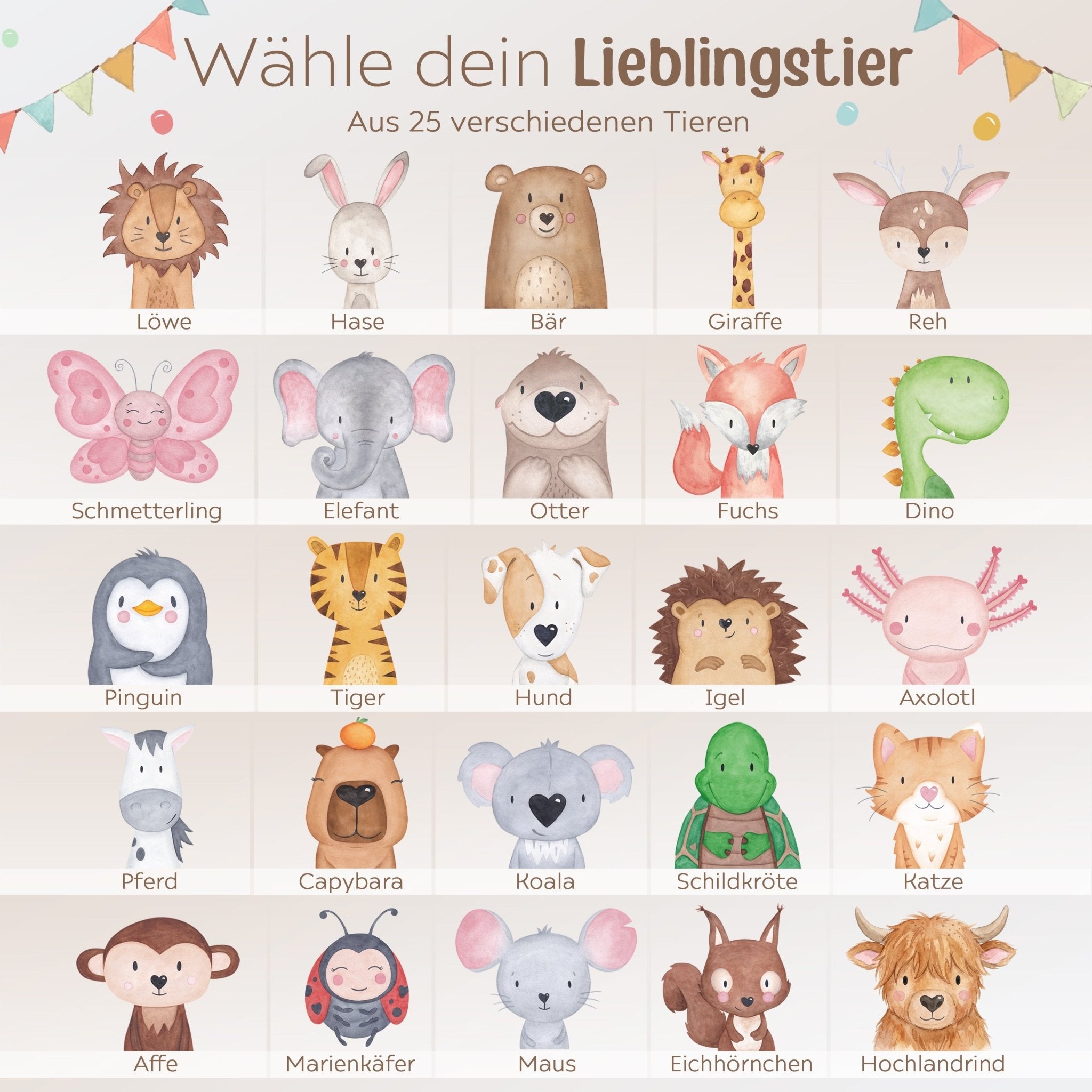Erinnerungsbox Holz mit Wunschdaten – Tier Girlande Aquarell - wunderwunsch