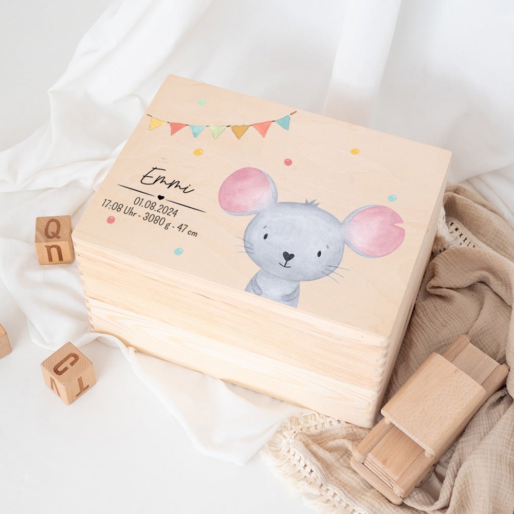 Erinnerungsbox Holz mit Wunschdaten – Tier Girlande Aquarell - wunderwunsch