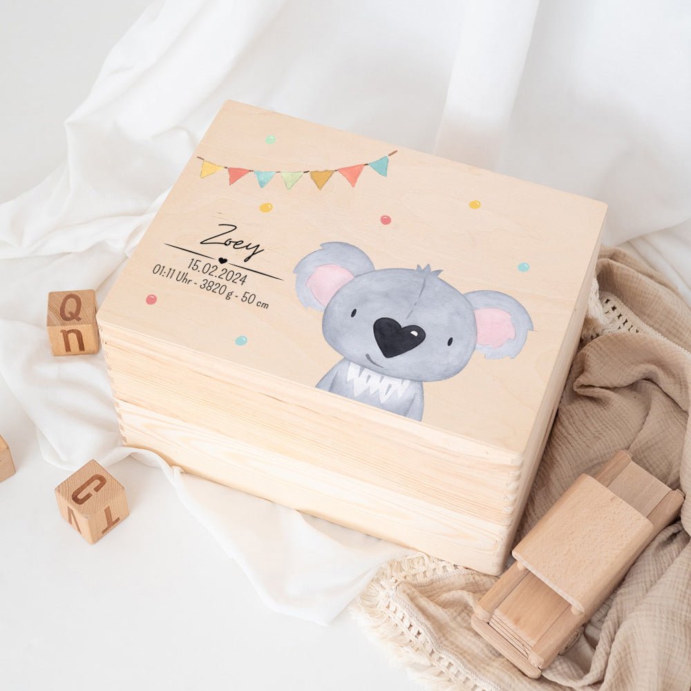 Erinnerungsbox Holz mit Wunschdaten – Tier Girlande Aquarell - wunderwunsch