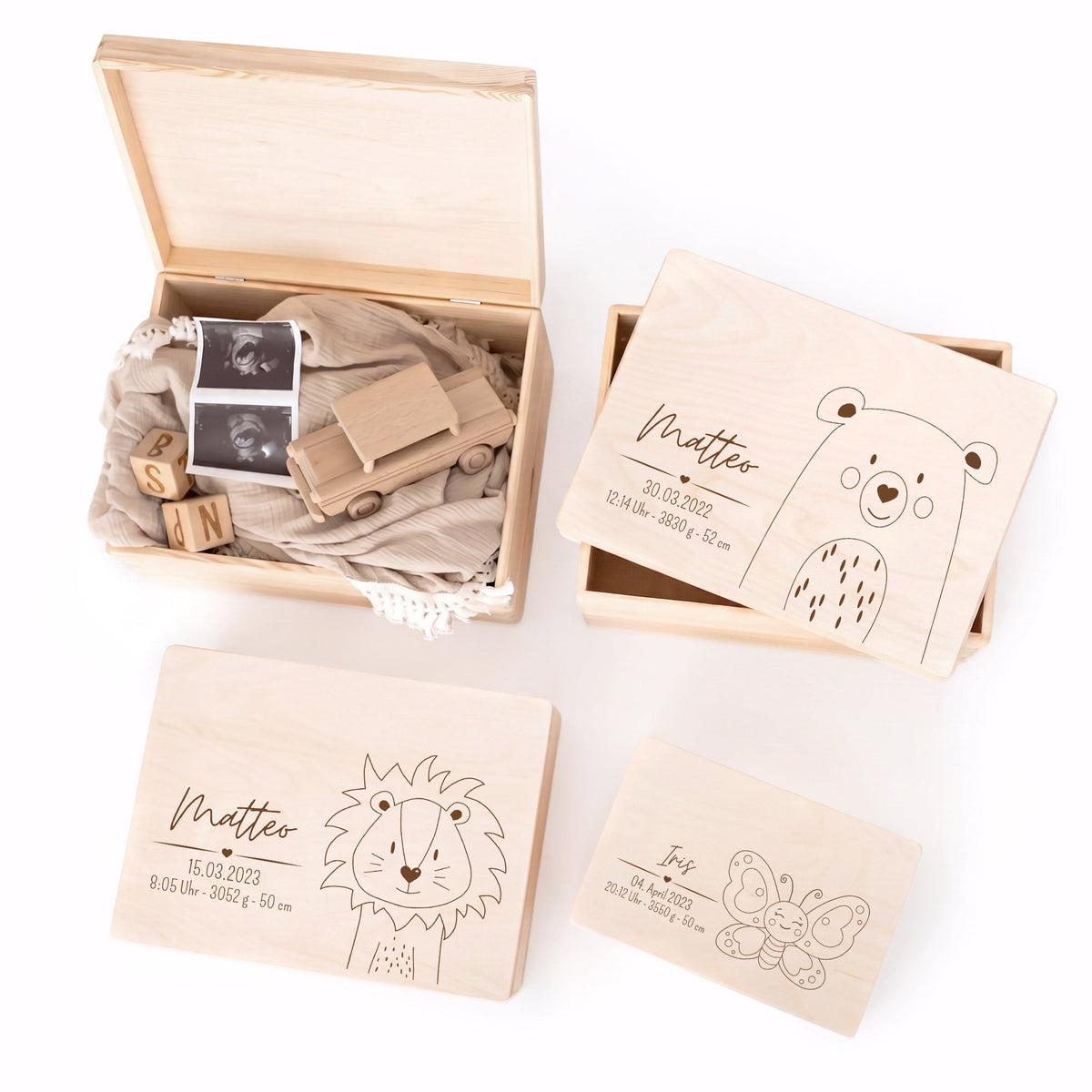 Erinnerungsbox Holz mit Wunschdaten – Tier Gravur - wunderwunsch