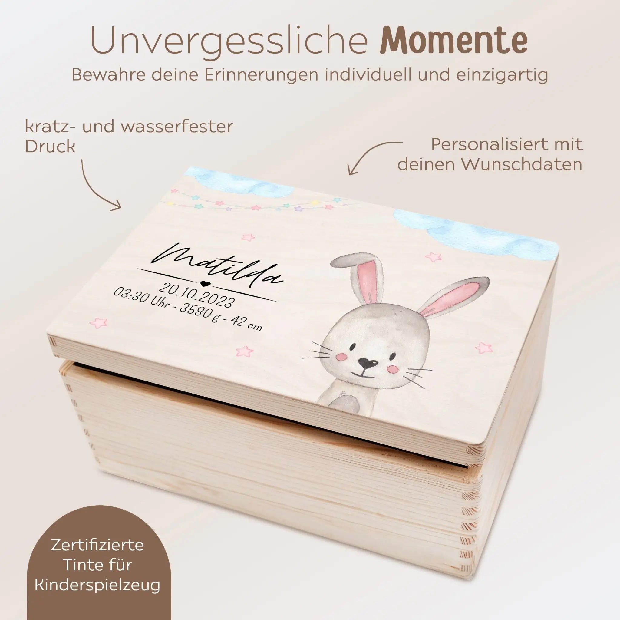 Erinnerungsbox Holz mit Wunschdaten – Tier Wolken Sterne blau Aquarell - wunderwunsch