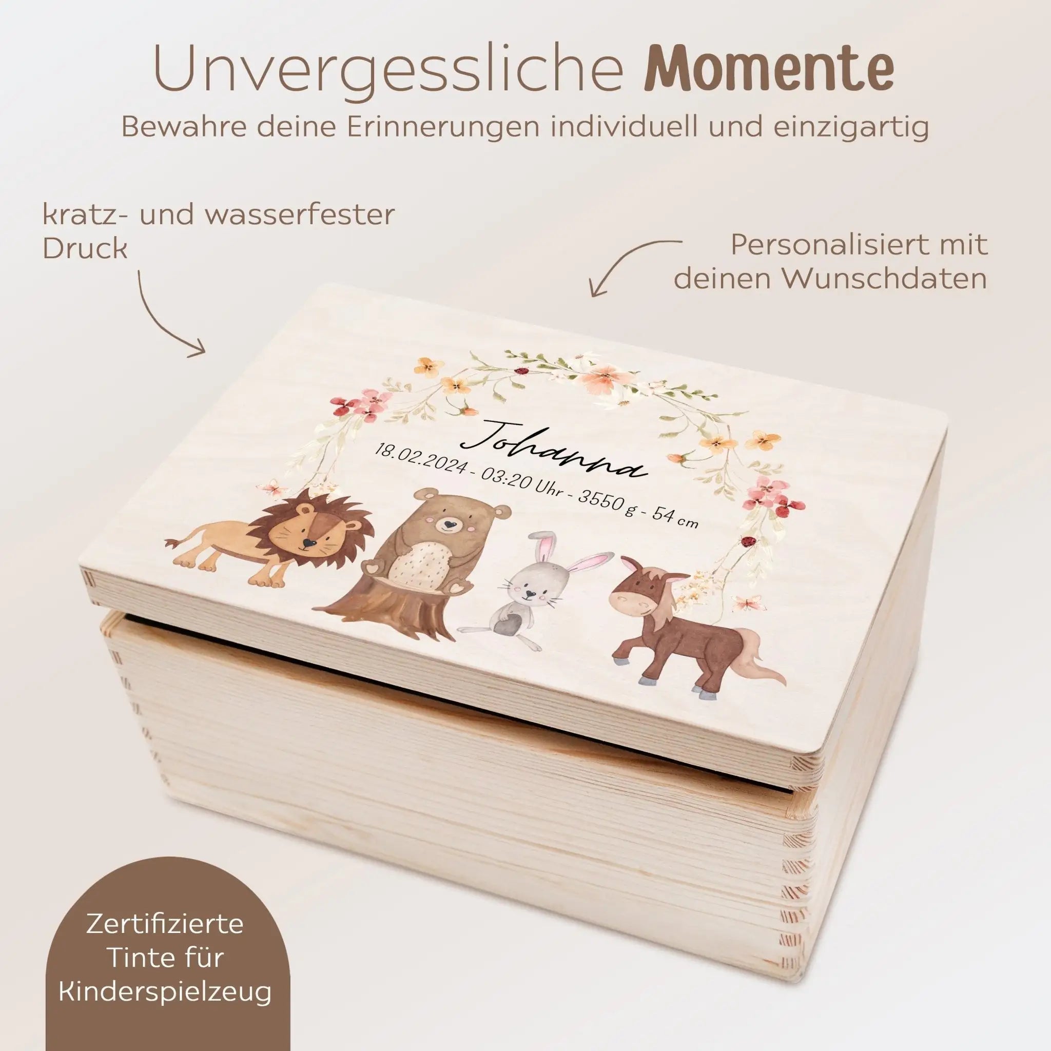 Erinnerungsbox Holz mit Wunschdaten – Tiere Blumenkreis rosa Aquarell - wunderwunsch